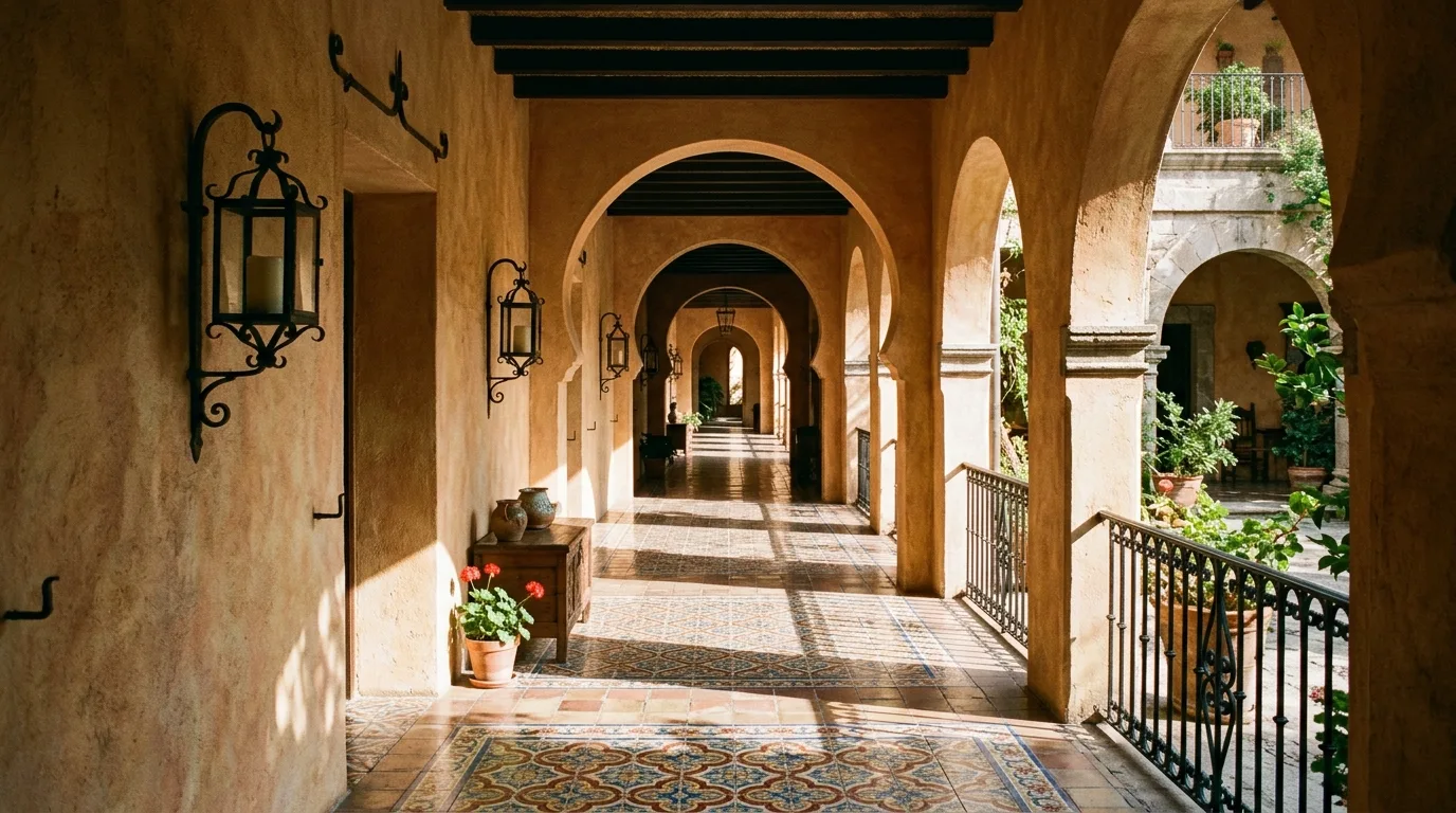 Use stone and clay for tactile contrast inspiration for a Spanish-style home.